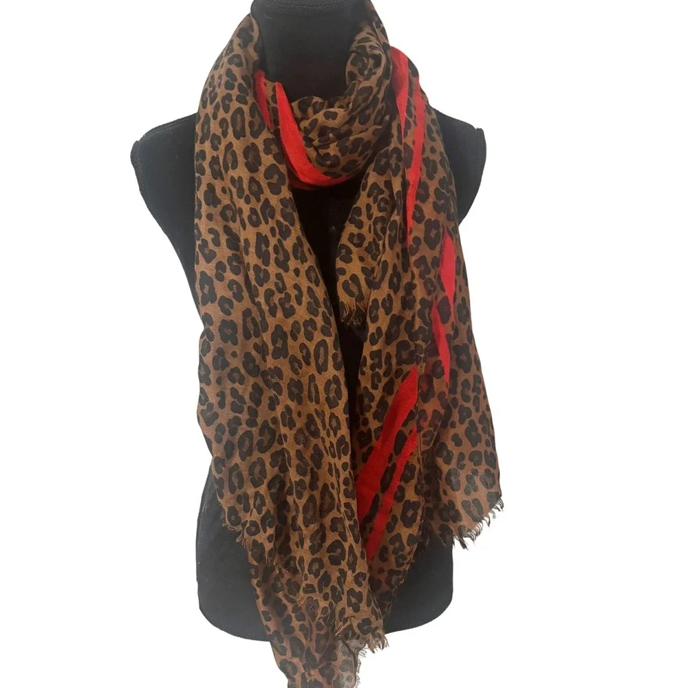 Red Tan Cream Plaid Tartan Blanket Scarf Oversized Shawl Fringe Wrap Cozy Boho